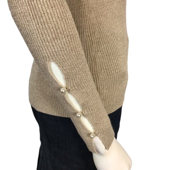 Ann Taylor Gold & Beige Knit Sweater Shimmer Pearl Buttons V-neck - Picture 2 of 7